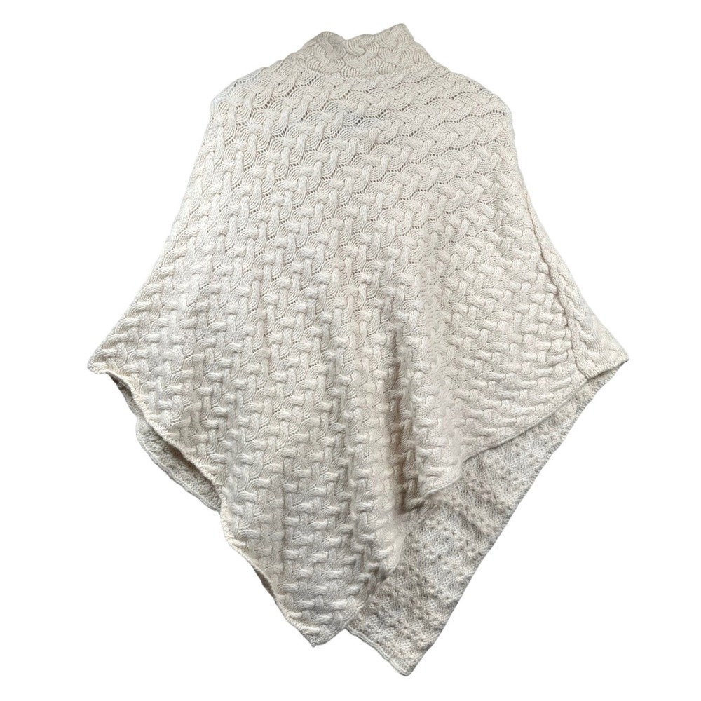 Irelandseye Poncho Women L/XL Cream Merino Wool Cable Knit Asymmetrical Irish